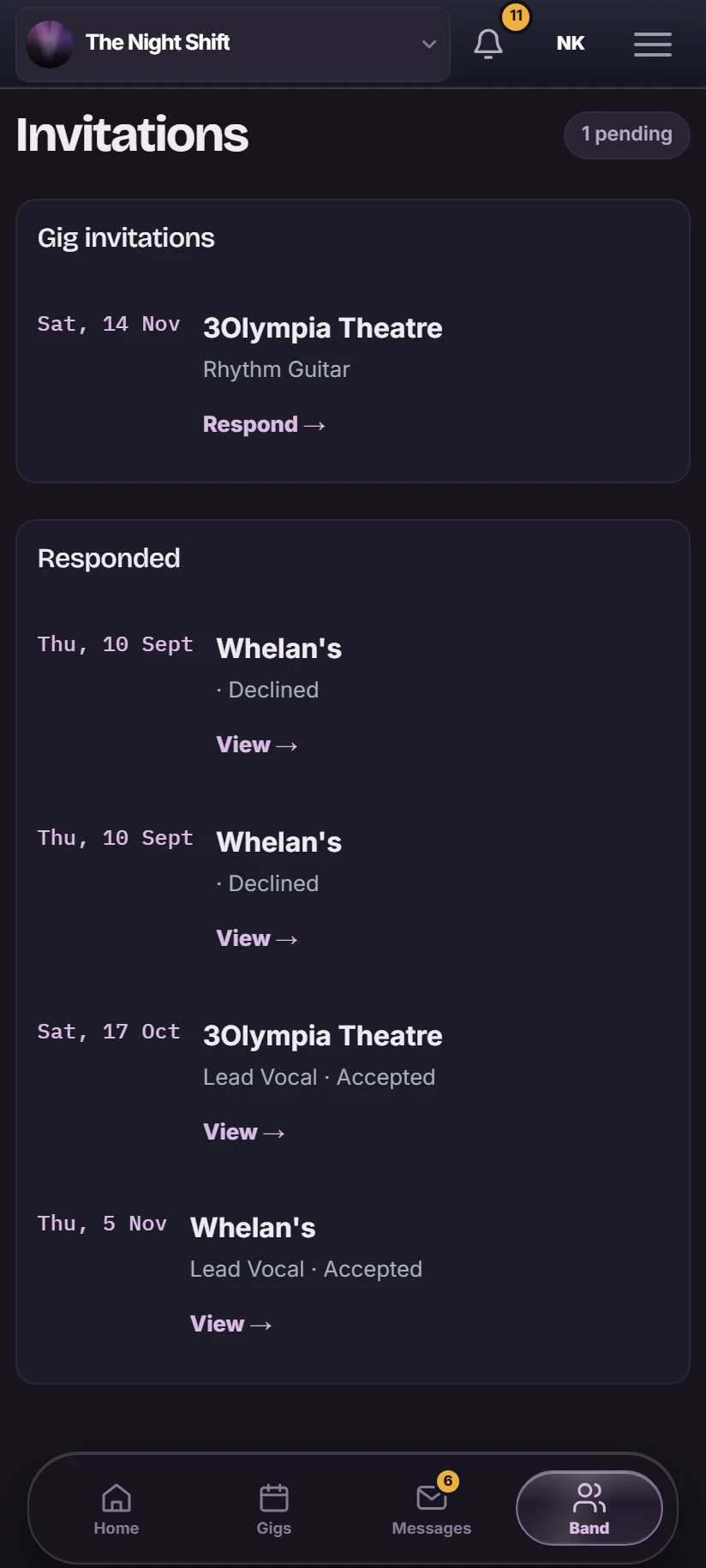The musician's gig invitations on a phone: one pending, for 3Olympia Theatre on 14 November, and earlier invitations marked Accepted or Declined.