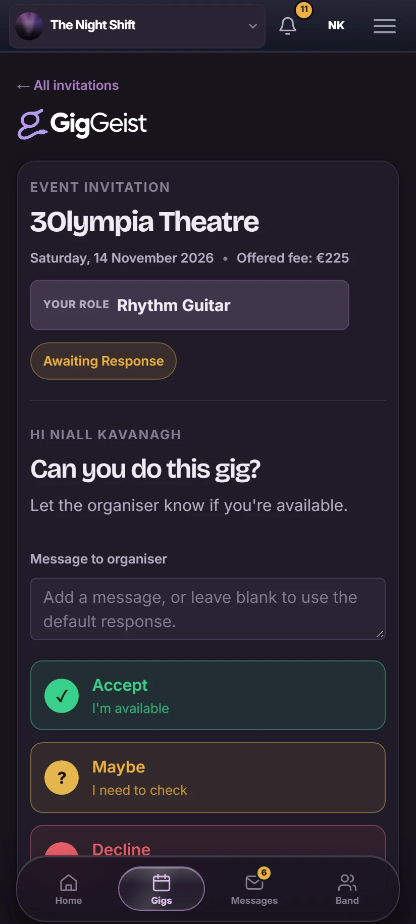 A musician's phone showing an invitation to play rhythm guitar at 3Olympia Theatre on Saturday 14 November 2026 for €225, awaiting a response, with Accept, Maybe and Decline buttons.