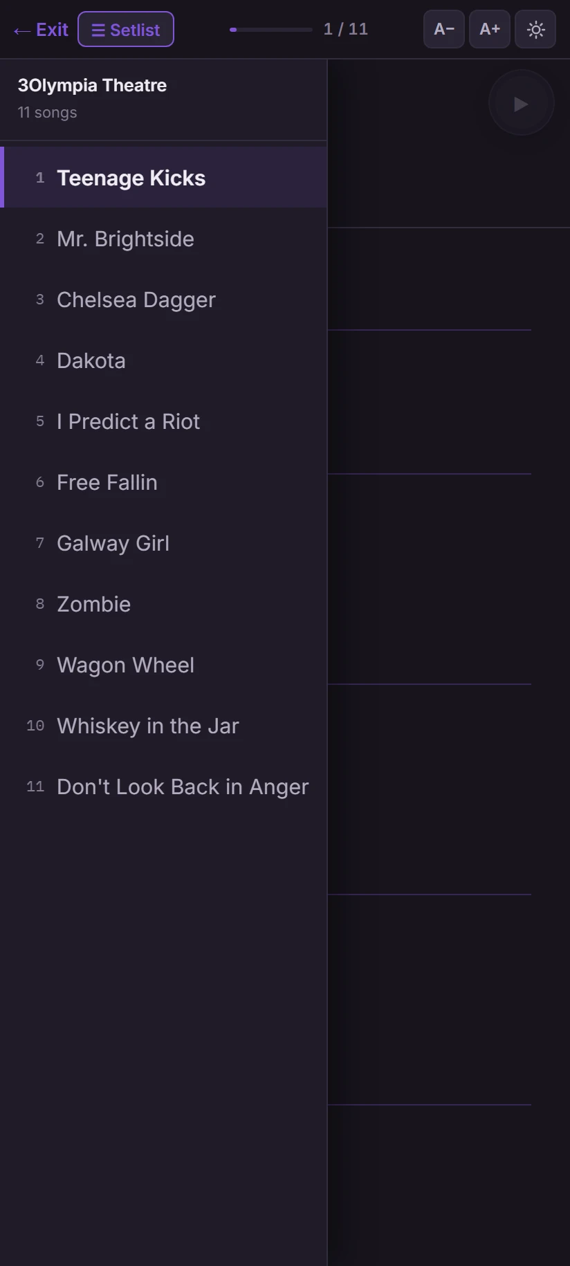 The set's running order open in performance mode: eleven songs for 3Olympia Theatre, from Teenage Kicks to Don't Look Back in Anger.