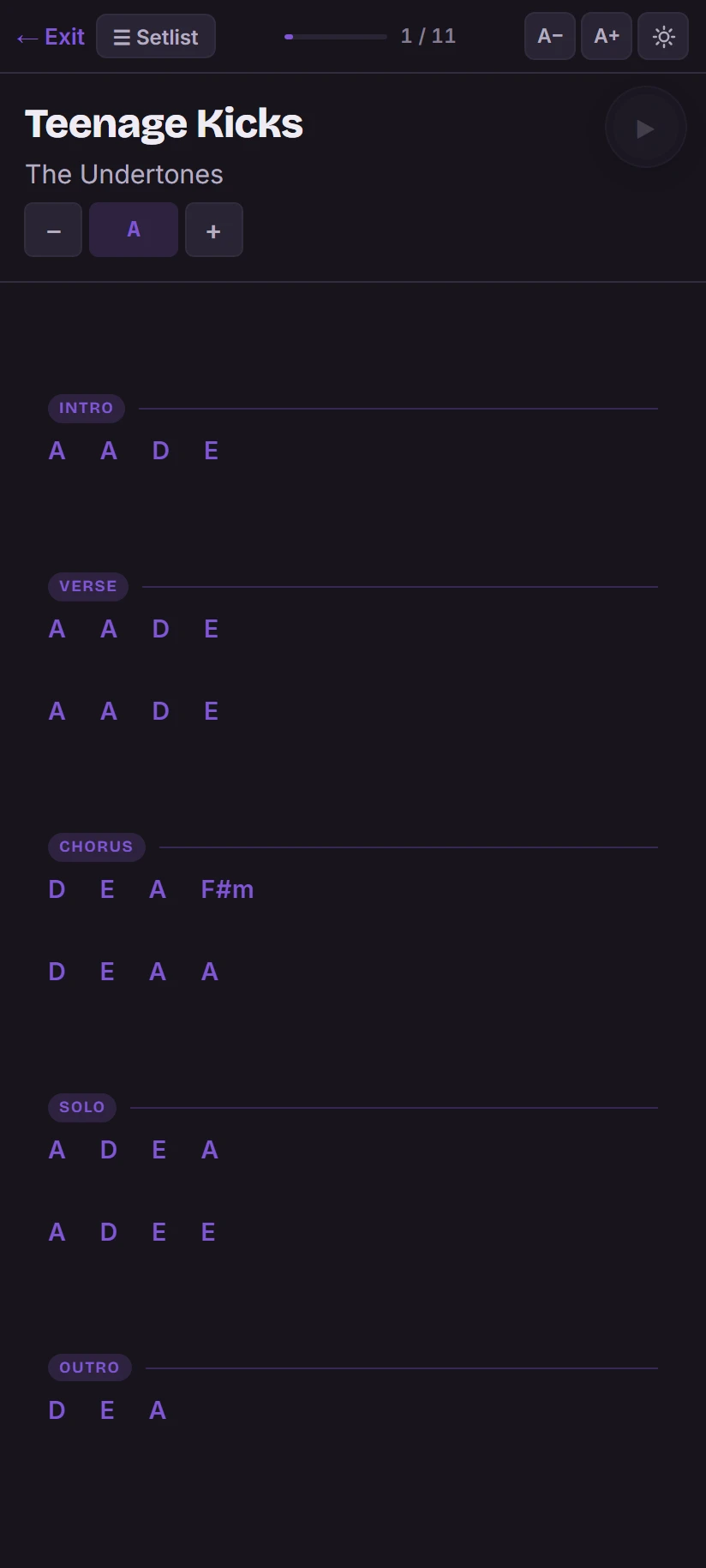 Performance mode on a phone, showing song 1 of 11, Teenage Kicks by The Undertones, in A with key controls, and its chord chart laid out by section.